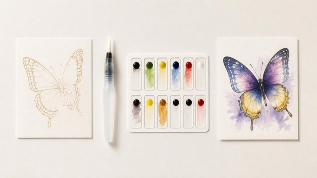 Antes y después: dibujo en línea fina y lámina de mariposas pintada con acuarela