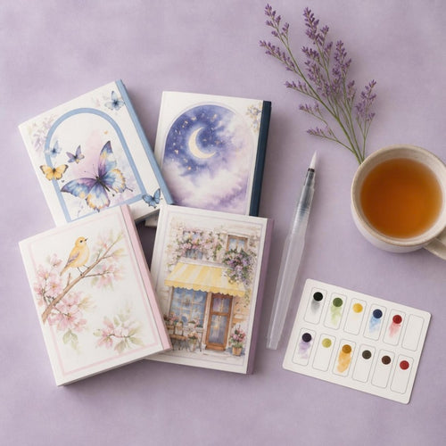 Colección completa Moments con los kits de acuarela Mariposas, Noche, Jardín y Calma