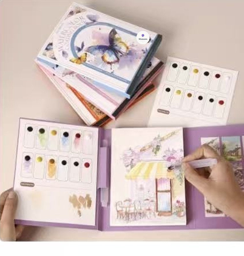 Kit de acuarela guiada Calma abierto con paleta, pincel y lámina lista para pintar